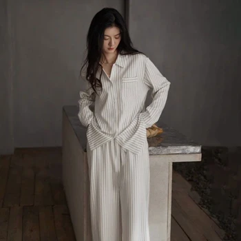 полосатый женский пижамный комплект весна и осень корейская мода новая хлопковая длинная брюка с длинными рукавами свободная повседневная одежда для сна домашняя одежда